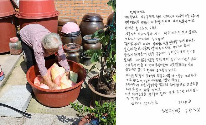 손빨래하는 할머니(왼쪽), 곡성군 '담양댁' 할머니의 손 편지 /사진=곡성군청 제공,뉴시스
