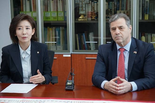 나경원 국민의힘 의원이 16일 새르더헤이 이슈트반 주한헝가리대사와 면담하고 있다. 나경원 의원실 제공