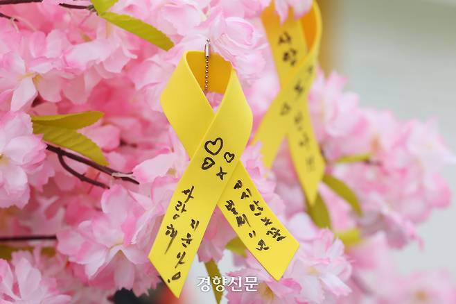 세월호 참사 11주기인 16일 선상 추모식이 참사 해역인 전남 진도군 동거차도 인근에서 열린 가운데 유가족이 추모 메시지를 적은 노란 리본이 달려 있다. 한수빈 기자