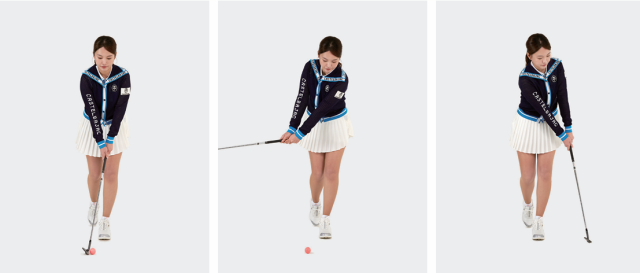 오른발을 30cm 정도 몸 뒤쪽으로 빼서 까치발로 선 다음 거의 온전히 왼발로만 서서 10~20m 거리의 칩 샷을 연습해본다.