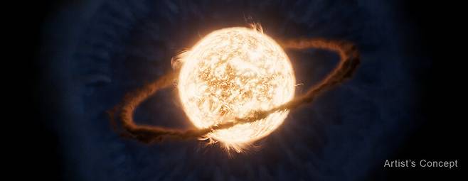 천문학자들이 제임스웹우주망원경으로 행성의 자살로 추정되는 흔적을 발견했다. 별 주변에 행성의 공전궤도가 만든 뜨거운 가스 고리가 형성되어 있는 모습을 묘사한 그림. 나사 제공