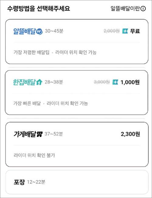 배민 UI 개편 후 배달 방식 선택 화면을 재구성한 모습. 배민 자체배달인 ‘알뜰배달’과 ‘한집배달’에 비해, 가게배달은 배달 팁이 비싸고 시간도 오래 걸리며 라이더 위치 확인도 불가능하다. 배민이 최소주문금액과 음식 가격을 하나로 ‘통일’한 상황에서, 소비자는 가게배달 유인이 사실상 없다. (배민 앱 캡처)
