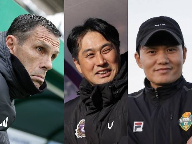 올 시즌 처음 K리그1 사령탑을 경험하는 전북 거스 포옛 감독, 안양 유병훈 감독, 강원 정경호 감독(왼쪽부터)은 팀에서 최적의 중원 조합을 찾는 데 몰두하고 있다. 사진제공|한국프로축구연맹