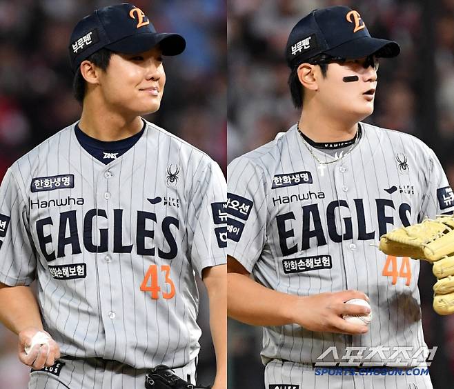 156km 강속구로 8회를 책임진 정우주와 157km 강속구로 경기를 마무리한 김서현. 인천=박재만 기자 pjm@sportschosun.com