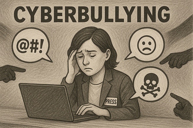 챗GPT에 '사이버불링으로 고통받는 기자들의 현실'을 주제로 요청해 제작한 일러스트.