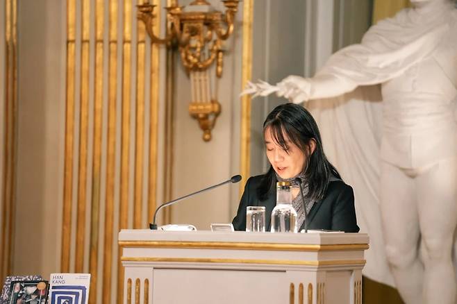 Han Kang delivers her Nobel Prize lecture in literature on Dec. 7, 2024 at the Swedish Academy in Stockholm. (Nobel Prize Outreach)