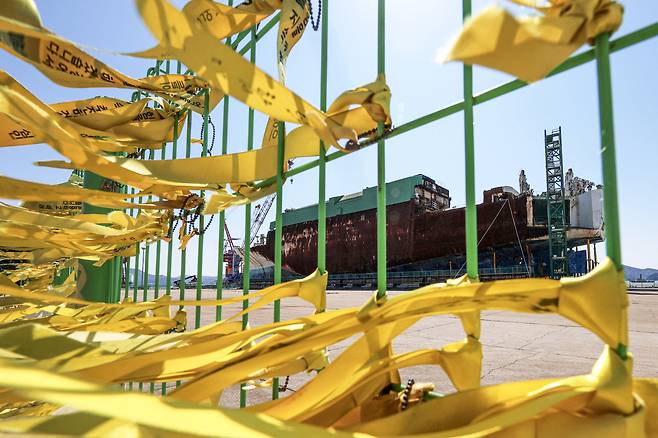 <오늘 ‘세월호’ 11주기...바래지 않겠다는 노란 다짐들> 세월호 참사 11주기를 하루 앞둔 15일 세월호 선체가 보존돼 있는 전남 목포시 목포신항 철조망에 희생자를 추모하는 노란 리본들이 바람에 나부끼고 있다. 11년 전 오늘 인천에서 제주로 향하던 청해진해운 소속 여객선 세월호가 전남 진도군 관매도 부근 해상에서 침몰했다. 제주로 수학여행을 가던 안산 단원고 학생 250명을 비롯해 승선객 476명 중 299명이 숨지고 5명이 실종됐다. 목포|한수빈 기자세월호 11주기를 하루 앞둔 15일 전남 목포시 목포신항에 인양된 세월호 선체가 세워져 있다. 2025.04.15 목포|한수빈 기자