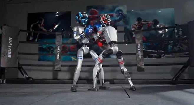 중국 로봇 기업 유니트리가 만든 휴머노이드인 ‘G1’ 두 대가 격투기 시연을 하고 있다. 공식 경기는 다음 달 열린다. 유니트리 제공