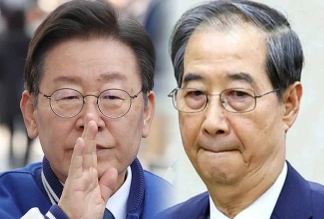 이재명(왼쪽) 더불어민주당 대통령선거 경선 후보와 한덕수 대통령 권한대행 국무총리. 연합뉴스