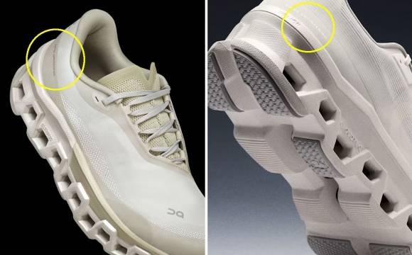 스위스 스포츠 브랜드 온러닝이 국내 패션 브랜드 포스트아카이브팩션(파프)과 협업으로 출시한 인기 제품 클라우드몬스터2(왼쪽)와 일반 클라우드몬스터 러닝화 제품. 온러닝 러닝화 뒤축에는 스위스 엔지니어링(노란색 원)이란 문구가 작게 새겨져 있다. 출처=온러닝