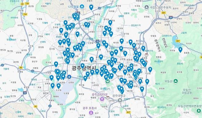 박필순 광주광역시의원이 21일 공개한 ‘2018∼2024 광주 땅꺼짐 발생 지도’. 박필순 의원 제공