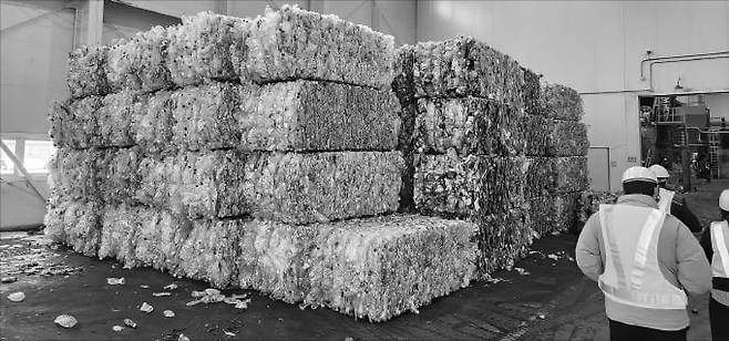 국내 한 폐플라스틱 재활용 공장에 수거된 페트병이 쌓여 있다. 성상훈 기자