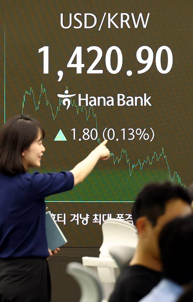 22일 오후 서울 중구 하나은행 딜링룸에서 딜러들이 업무를 하고 있다. (사진=뉴시스)