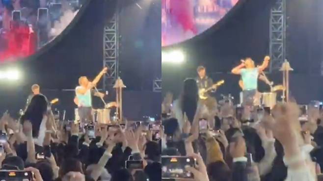 콜드플레이의 콘서트 도중 목말을 탄 한 관객이 논란이 됐다. 사진은 지난 16일 경기 고양종합운동장에서 열린 밴드 콜드플레이의 공연 영상 중 일부. /사진=엑스 캡처