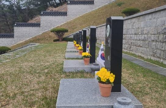 국립3·15민주묘지에 플라스틱 조화 대신 친환경 꽃 화분이 놓여있다. 친환경 꽃은 생화에 특수 보존액을 사용해 가공한 꽃이다. 국가보훈부 제공