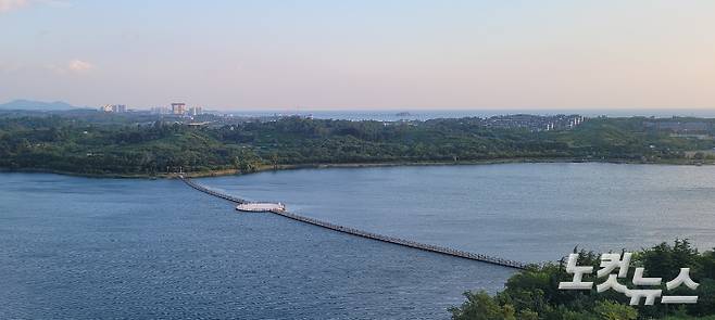 철거 논란이 이어지고 있는 속초 영랑호 부교 전경. 전영래 기자