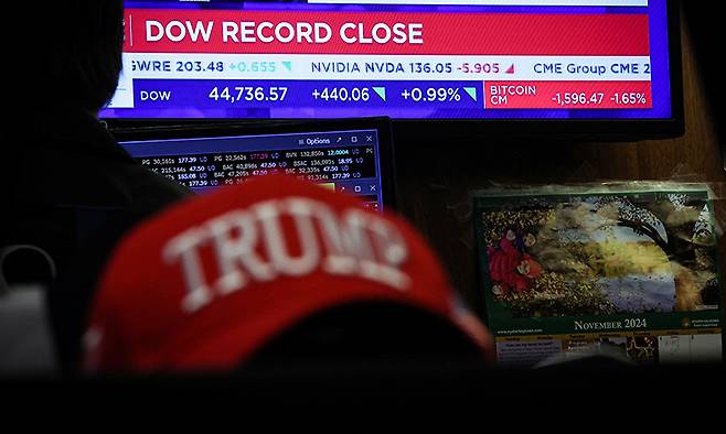 뉴욕 증권거래소의 한 트레이더 뒤로 빨간색 트럼프 모자가 놓여 있다. 로이터연합뉴스