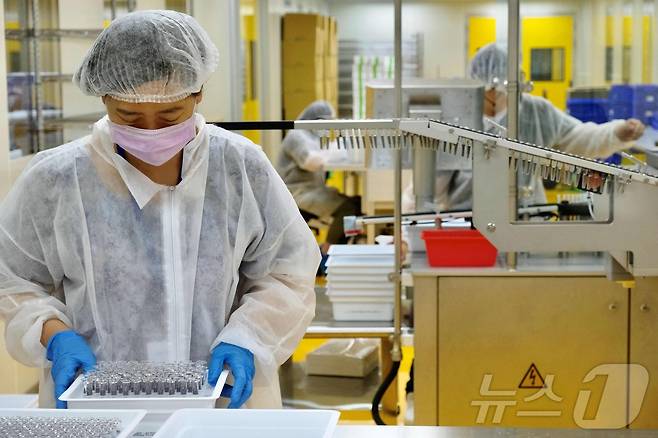 대만 신주의 한 백신 제조기업 연구원들이 샘플을 살펴보고 있다. 2021.6.17 ⓒ AFP=뉴스1 ⓒ News1 강민경 기자