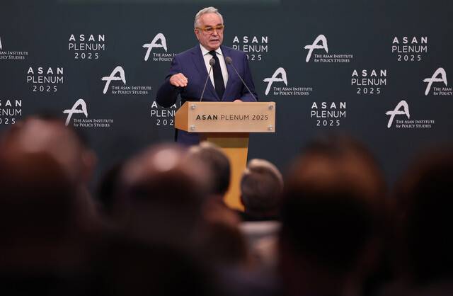 23일 서울 용산구 그랜드 하얏트 서울에서 아산정책연구원 주최로 열린 \'아산플래넘 2025\'에서 커트 캠벨 전 미국 국무부 부장관이 기조연설을 하고 있다. 연합뉴스