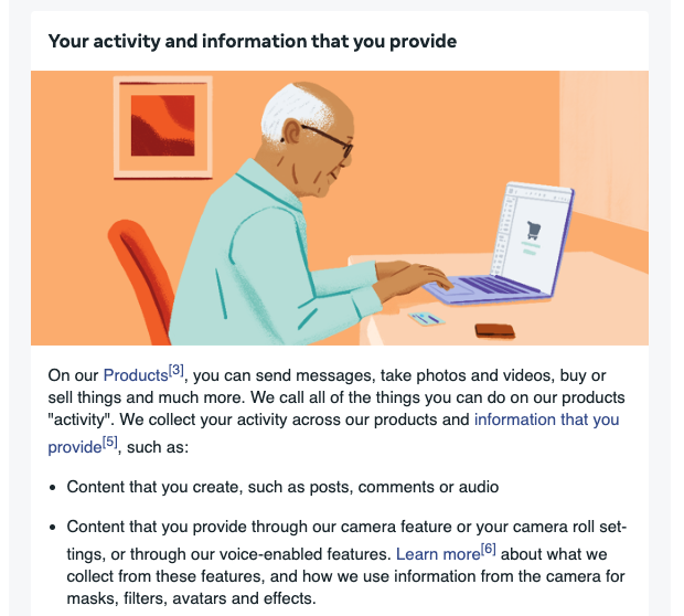 Meta classifies everything from posts to camera and voice interactions as “activity”—a broad category that allows extensive data harvesting with minimal user awareness. (Screenshot from Meta's Privacy Policy)