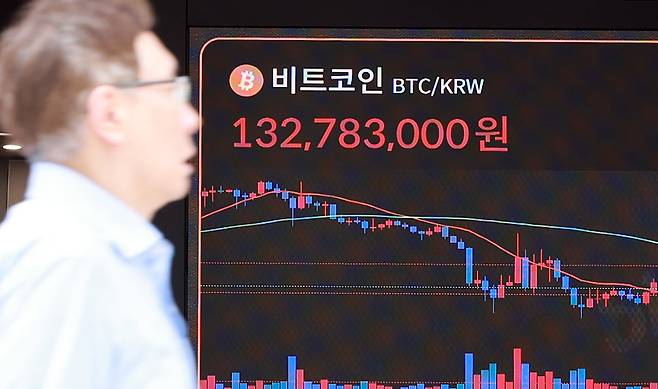 23일 서울 서초구 빗썸라운지 전광판에 비트코인 등 가상자산 시세가 표시되고 있다. /뉴스1