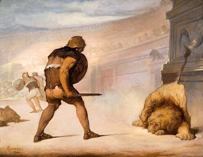 19세기 미국 예술가 윌리엄 림머가 검투사와 사자의 싸움을 묘사한 그림 '아레나 속 사자'. Reynolda House Museum of American Art/위키미디어 제공
