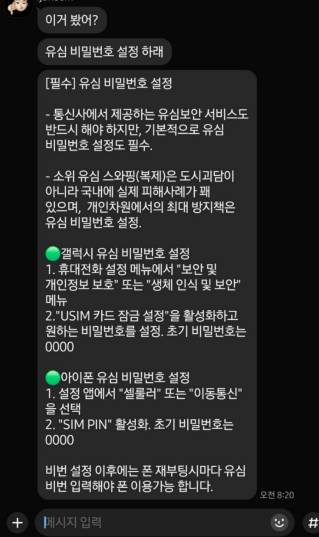 SKT 유심 정보 유출 해결책으로 유심 비밀번호를 설정하라는 독려 글이 돌고 있다. /사진=독자 제공