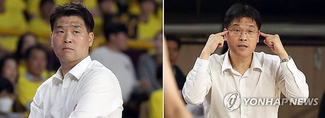 PO 1차전서 만난 쌍둥이 감독 (창원=연합뉴스) 김동민 기자 = 24일 경남 창원체육관에서 열린 2024∼2025시즌 프로농구 4강 플레이오프(PO) 창원 LG 세이커스와 울산 현대모비스 1차전 경기. 2Q 울산 조동현(오른쪽)감독과 창원 조상현 감독. 2025.4.24 image@yna.co.kr