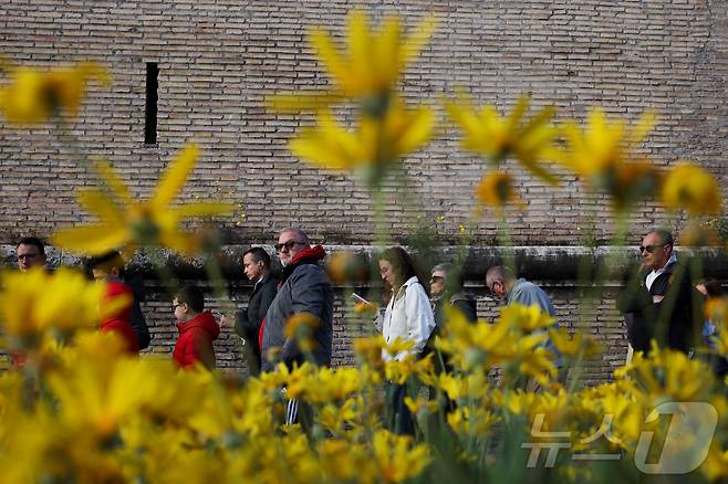 24일(현지시간) 이탈리아 로마 바티칸 성 베드로 대성당에서 프란치스코 교황을 조문하려는 사람들이 길게 줄을 서고 있다. ⓒ 로이터=뉴스1