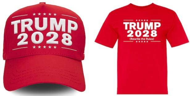 트럼프 일가의 회사인 '더 트럼프 오거니제이션'이 운영 중인 트럼프 스토어에서 '트럼프 2028' 문구가 새겨진 모자와 티셔츠를 출시했다. 트럼프 스토어 홈페이지 캡처