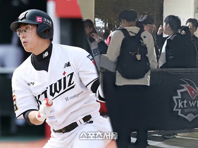 허경민이 지난주 평일 SSG와 경기가 끝난 후, 11시까지 남아 팬에게 사인을 하고 있는 모습. 사진 | KT 위즈, 박연준 기자 duswns0628@sportsseoul.com