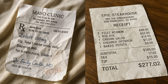 실리콘밸리 AI 전문 투자자이자 인플루언서인 디디(Deedy)가 최근 자신의 사회관계망서비스(SNS)에 올린 스테이크하우스(오른쪽)와 병원 영수증. 이는 모두 챗GPT로 생성한 허위 이미지다. 디디 SNS 캡처