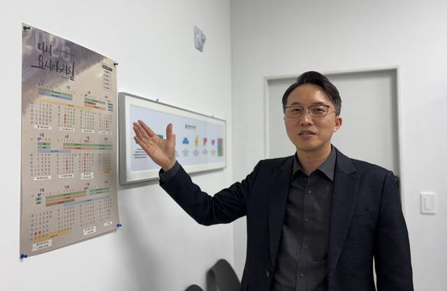 백성훈 목사가 지난 8일 경기도 김포 이름없는교회 벽에 붙어있는 교회 달력을 보여주며 한 해 동안 제자훈련이 어떻게 진행되는지에 대해 설명하고 있다.