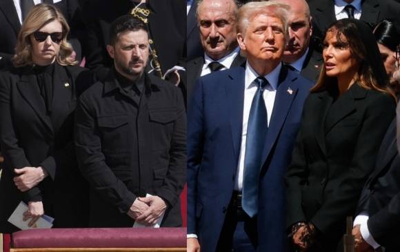 지난 26일 프란치스코 교황의 장례 미사에 참석한 젤렌스키 대통령 내외(왼쪽)와 트럼프 대통령 내외. AP/AFP 연합뉴스