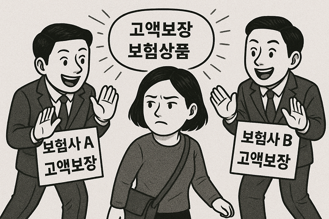 보험사가 경쟁적으로 고액보장 상품을 출시해 소비자를 현혹하는 장면을 챗GPT로 그린 이미지. 챗GPT