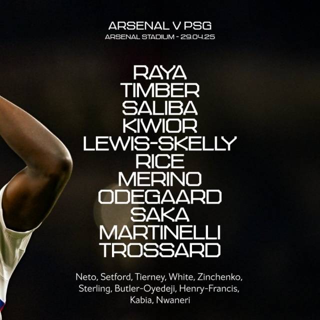 아스날은 골키퍼 라야를 시작으로 팀버-살리바-키비오르-루이스 스켈리-외데고르-라이스-메리노-사카-트로사르-마르티넬리가 선발 출전했다. 사진=아스날 SNS
