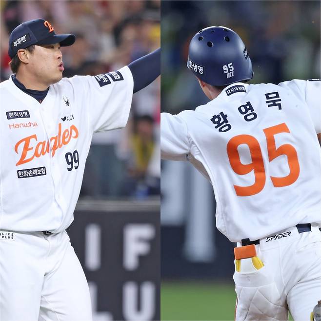 한화의 LG전 위닝시리즈를 이끈 류현진(왼쪽)과 황영묵. 사진=한화 이글스