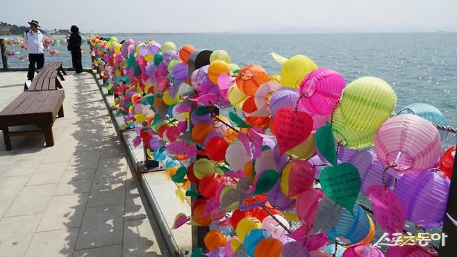 서산 간월암 난간에 걸린 소원을 비는 연등들. 간월암은 절집 주변 바다 풍광이 매력으로 특히 이곳에서 보는 서해 낙조가 멋진 ‘일몰 맛집’으로 소문나 있다 충남|김재범 기자 oldfield@donga.com