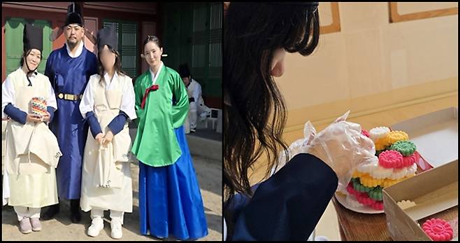 궁중새내기로 한 컷을 남겨봤다(왼쪽), 사탕 고임을 만들고 있다(오른쪽).