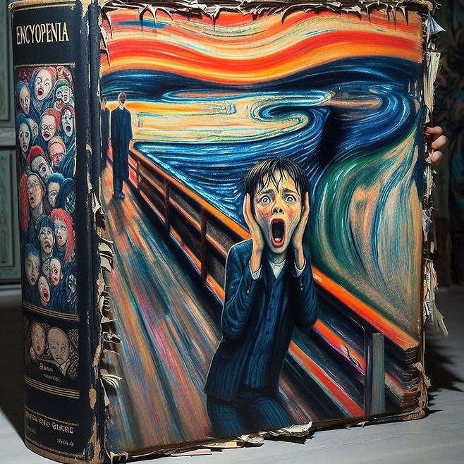 아버지가 아끼는 백과사전의 표지를 찢어먹고 공포심에 절규하는 소년의 모습을, 빙 코파일럿으로 그려보았다. 실물보다 잘생겼다.