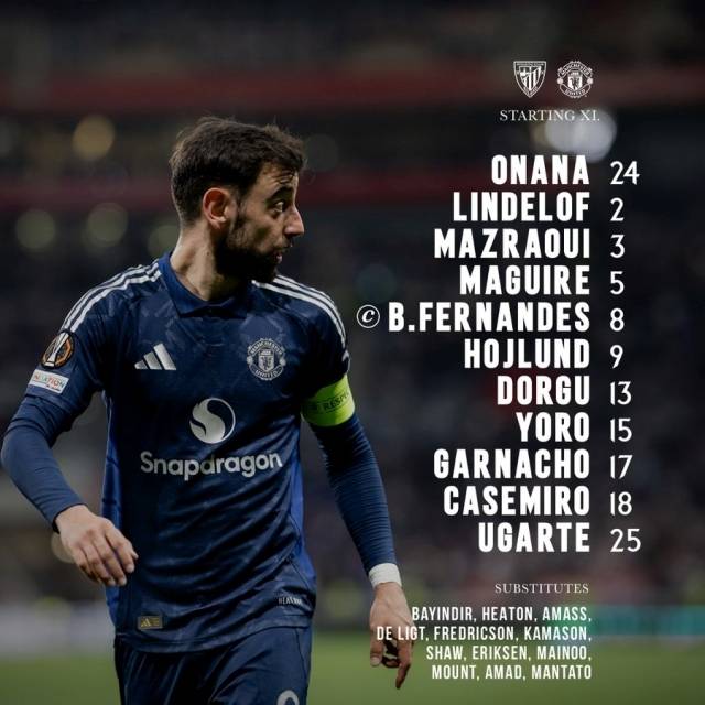 맨유는 골키퍼 오나나를 시작으로 린델로프-매과이어-요로-도르구-카세미루-우가르테-마즈라위-가르나초-호일룬-페르난데스가 선발 출전했다. 사진=맨체스터 유나이티드 SNS