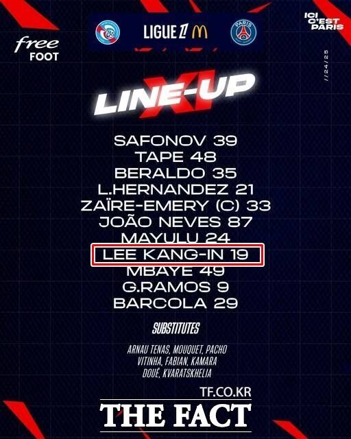 4일 스트라스부르와 원정경기에서 PSG 선발 명단에 이름을 올린 이강인./PSG