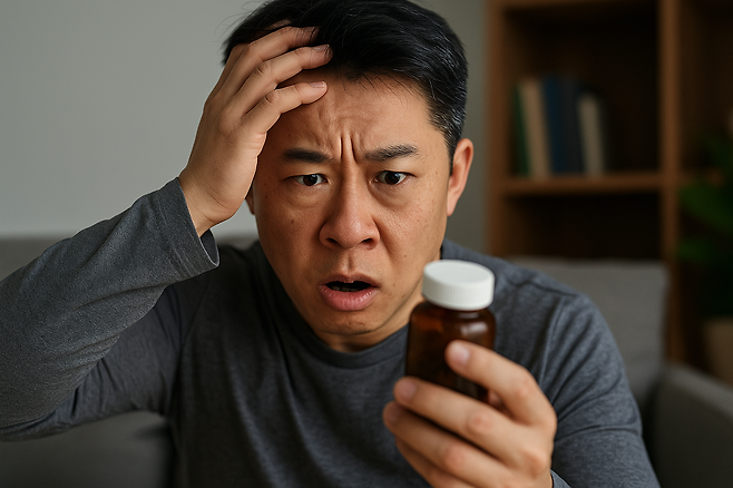 약병을 손에들고 놀라고 있는 남성
