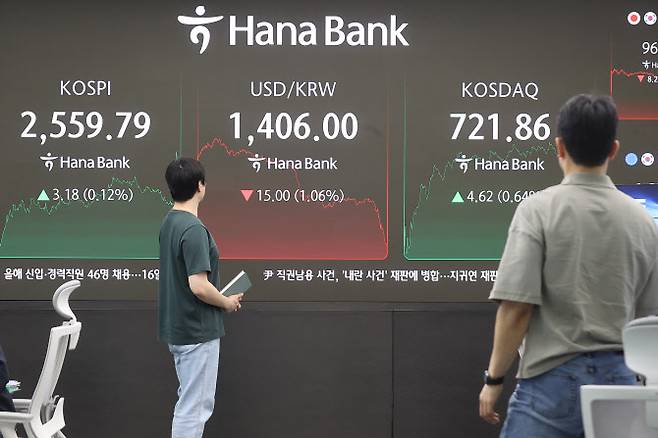 지난 2일 장을 마친 서울 하나은행 본점 딜링룸에서 직원들이 업무를 보고 있다. (사진=연합뉴스)