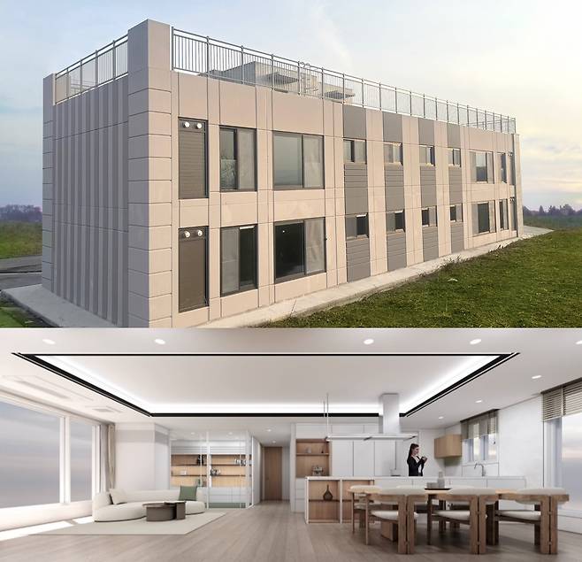 GS건설이 충북 음성에 모듈러 공법으로 만든 ‘공동주택 시험 건축물’ 내부(아래쪽)와 외부 경관 / 자료 = GS건설