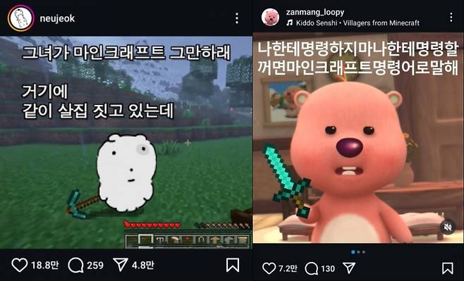 사진=마인크래프트 밈을 활용한 '눈멍이', '잔망루피' 인스타그램 계정 게시글 갈무리