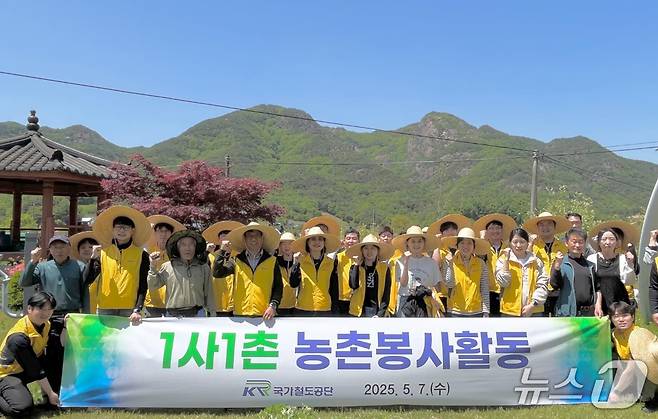 국가철도공단 봉사단이 영동군 금강모치마을에서 농촌 봉사활동을 시행한 후 기념촬영을 하고 있다.(국가철도공단 제공.재판매 및 DB금지)/뉴스1