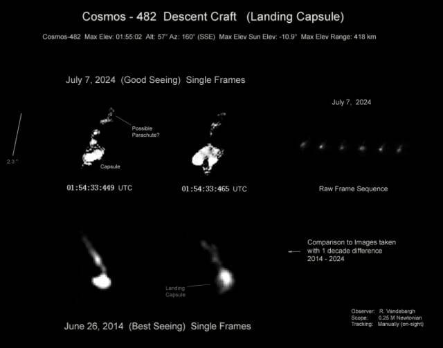 네덜란드 위성 추적자 랄프 반데버그가 촬영한 지구 궤도에 있는 코스모스 482의 망원경 이미지.사진에서 탐사선의 낙하산이 밖으로 이탈했을 가능성을 시사한다. (출처=랄프 반데버그)