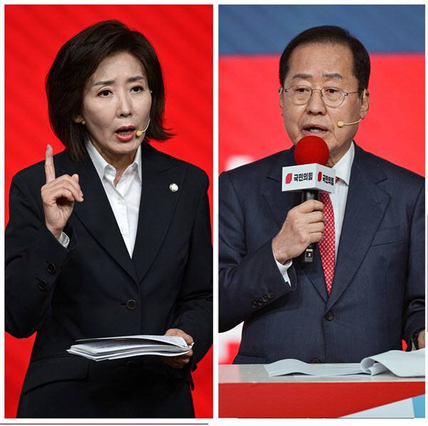 (왼쪽)나경원 국민의힘 의원, 홍준표 전 대구시장.(사진=연합)
