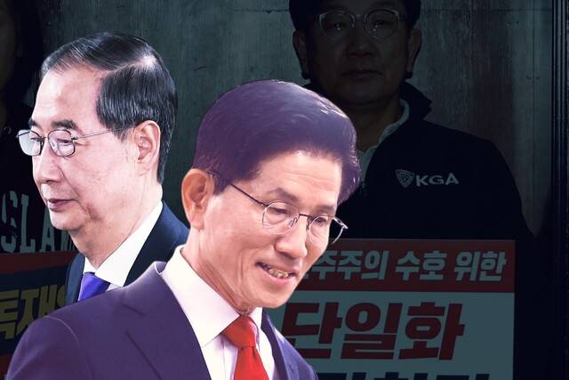 한덕수 대통령 후보(왼쪽)와 김문수 국민의힘 대통령 후보. 연합뉴스